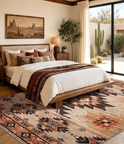 YIHOUSE 8’x10’ Washable Western Aztec Area Rug for Living Room, Terracotta