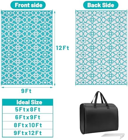 HEBE Waterproof Outdoor Rug 9'x12', Geometric Reversible Plastic Pati...