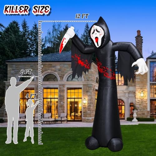 12FT Halloween Inflatable Decorations, Grim Reaper Ghost with Knife, 6 LED Li...