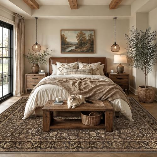 Washable 8x10 Living Room Non-Slip Area Rug Retro Brown Large Carpet