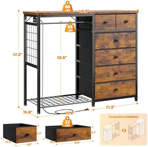 EnHomee 49.2" W Dresser with Hanging Rack & 6 Drawers, Grid Panel &a...