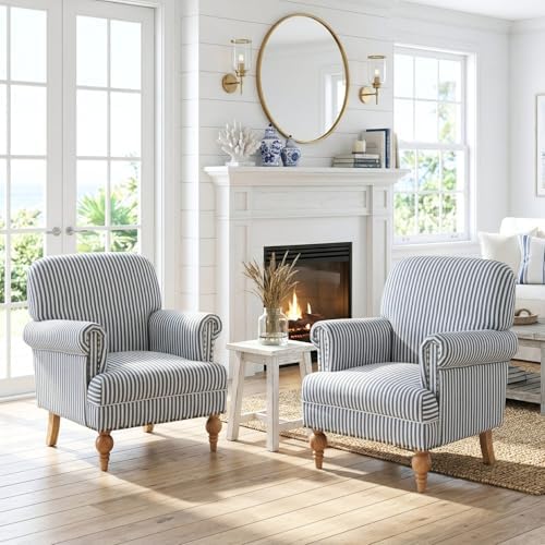 Blue Striped Linen Fabric Accent Chair, Coastal Upholstered Armchair with Nai...
