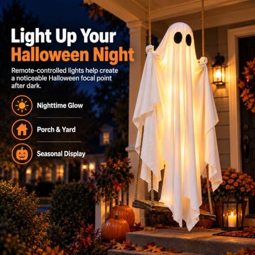 Halloween Hanging Swinging Ghost, 5 FT Light Up Ghost Porch Decor with IP65 Remote String Lights, Halloween Outdoor Spooky Ghosts Decoration for Front Porch Tree Yard Entryway