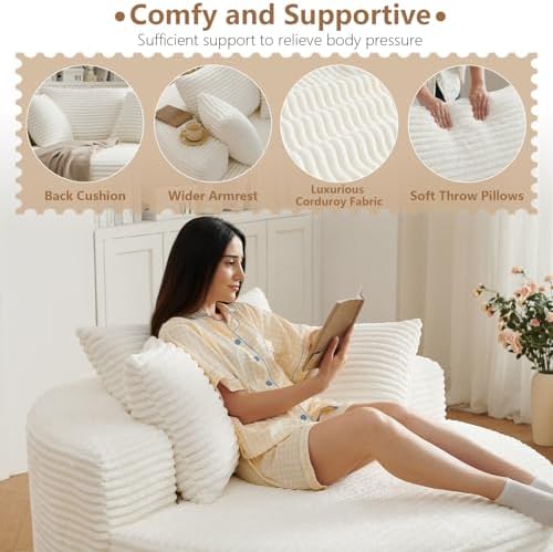 Oversized Round Chair Lounge Chaise Indoor, Upholstered Corduroy Deep Seat Cl...