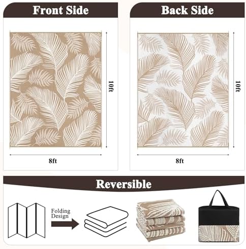 Pauwer Waterproof Outdoor Rug 8x10, Plastic Straw Patio Rug, Leaf Brown