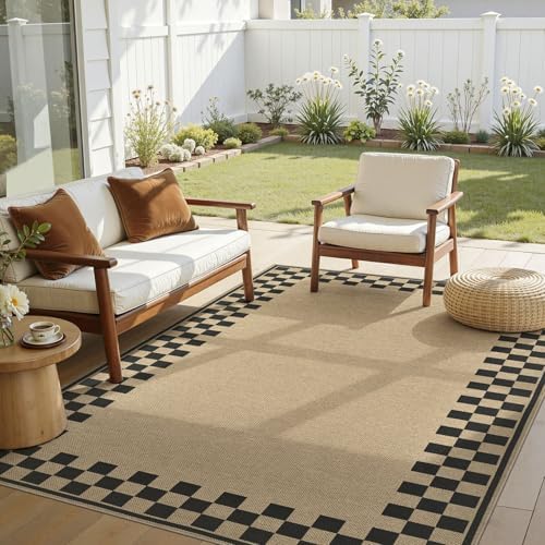 UERMEI 5x7 Outdoor Jute Area Rug Patio Neutral Washable Checkered Brown | Easy Non Slip Pet Friendly Indoor Farmhouse Carpet for Living Room Bedroom Dining Backyard