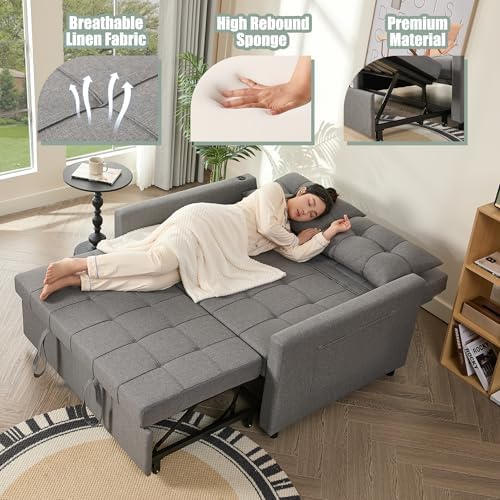 GOSUHI 52" 3-in-1 Convertible Sleeper Sofa Bed, Linen, Light Gray
