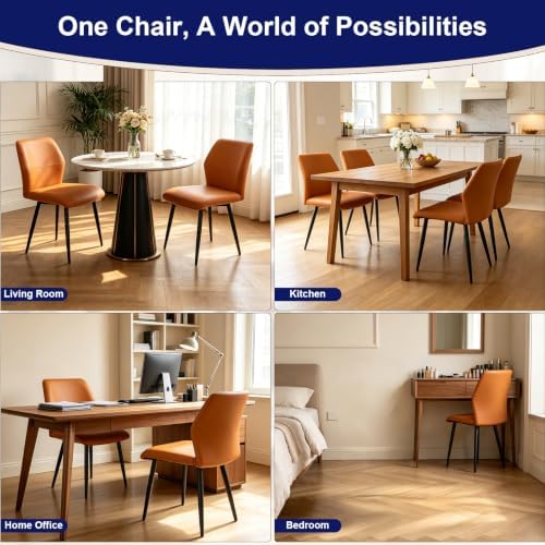 Leather Dining Chairs Set of 2, Orange Accent Chair Black Legs