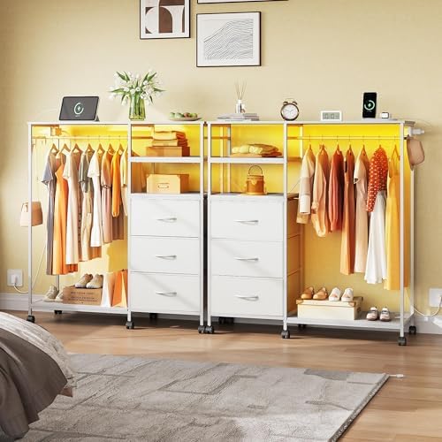 WLIVE LED Dresser for Bedroom, 3 Drawers with Hanging Rack, White