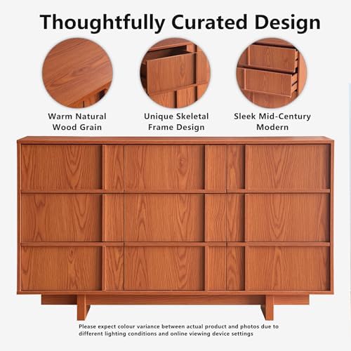 55" Wide 9 Drawer Dresser and Nightstand Set 3 Piece, Cherry