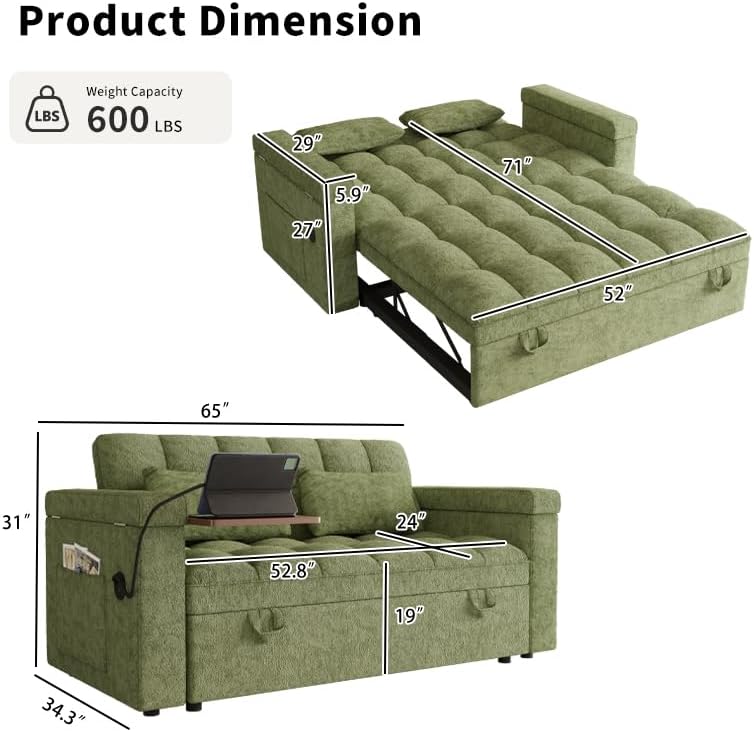 65" Sleeper Sofa Bed with USB Charging Ports, Chenille Futon Loveseat