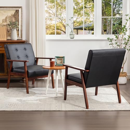 STHOUYN Black Leather Accent Chair, Waiting Chair with Wooden Arms