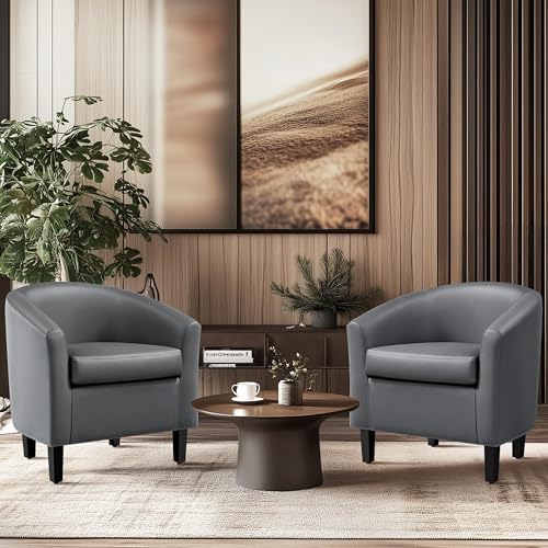 Yaheetech Accent Chairs Set of 2, Faux Leather Barrel Armchairs Gray