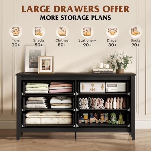 WLIVE Black Dresser 6 Drawers for Bedroom, Wood Dresser TV Stand for 55" TV