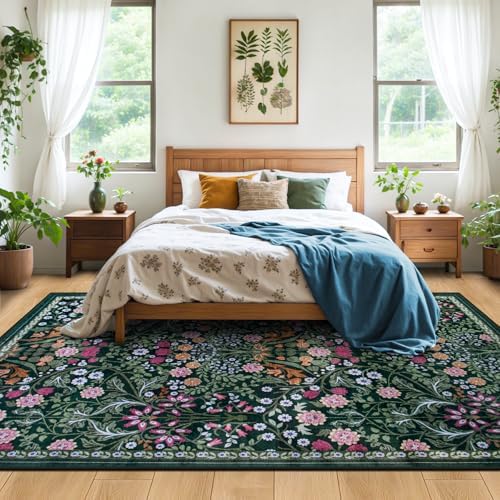 PLHXFR 8x10 Area Rug Living Room: Floral Washable Boho Carpet Dark Green