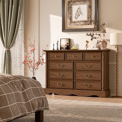 Farmhouse 9-Drawer Dresser with Charging Station for Bedroom