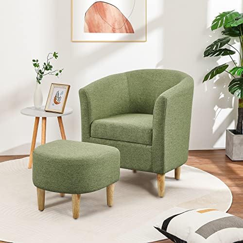 DAZONE Mid Century Modern Accent Chair with Ottoman Barrel Armchair Green