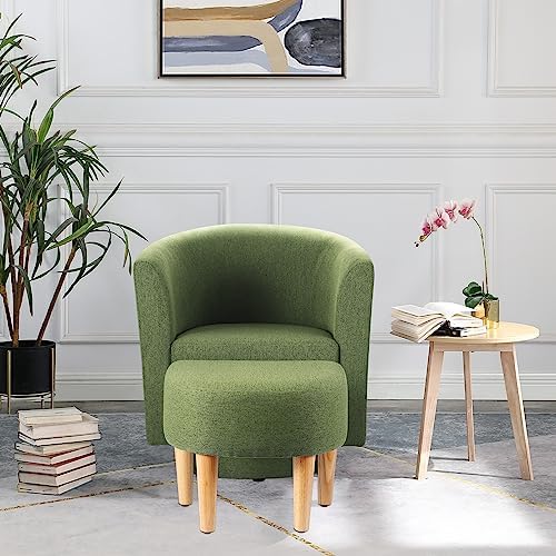DAZONE Mid Century Modern Accent Chair with Ottoman Barrel Armchair Green