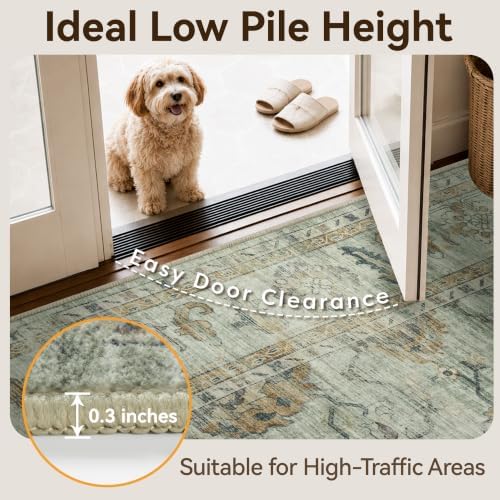 Washable Area Rug 8x10, Sage Green Gold Gray Vintage Rug for Living Room