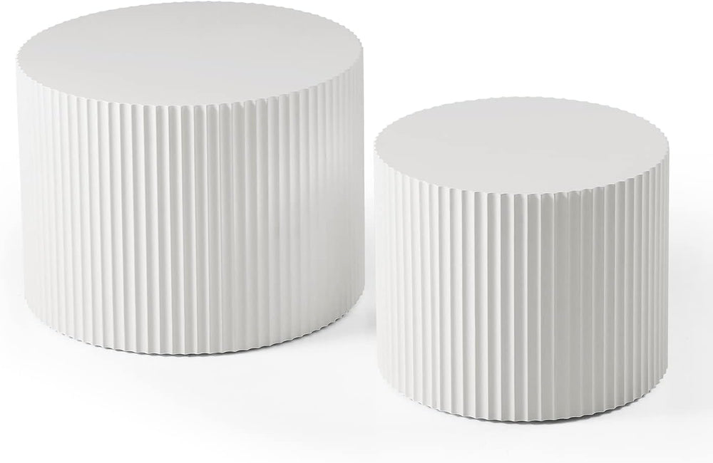 42.52'' White Round Nesting Coffee Table Set of 2 Modern Drum Side En...
