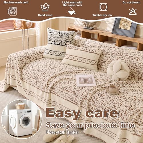 ROOMLIFE Thicked Striped Boho Khaki Couch Cover for 2-3 Cushion Sofa, Fuzzy P...