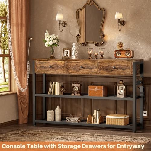 Ecoprsio Entryway Table with Outlets, 47" Console Table with 3 Drawers