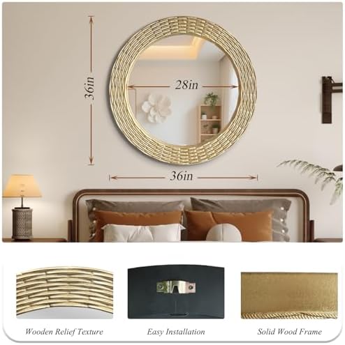 WAMIRRO Gold Round Wood Mirror, 36 Inch Hand Carved Solid Wood Frame Circle M...