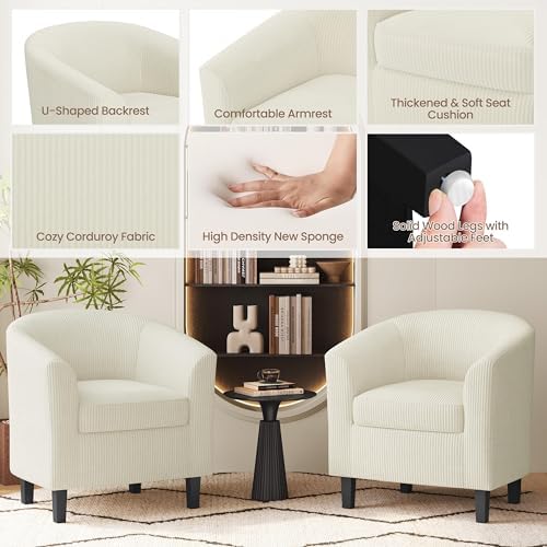 Yaheetech Accent Chairs, Corduroy Barrel Armchairs, Beige