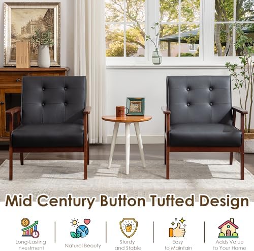 STHOUYN Black Leather Accent Chair, Waiting Chair with Wooden Arms