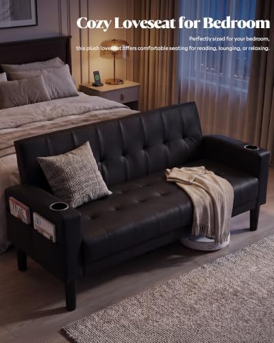 3 Piece Black Faux Leather Mid Century Modern Living Room Sofa Set