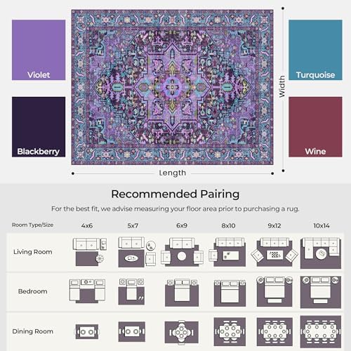 8x10 Purple and Turquoise Blue Vintage Boho Oriental Soft Washable Area Rug
