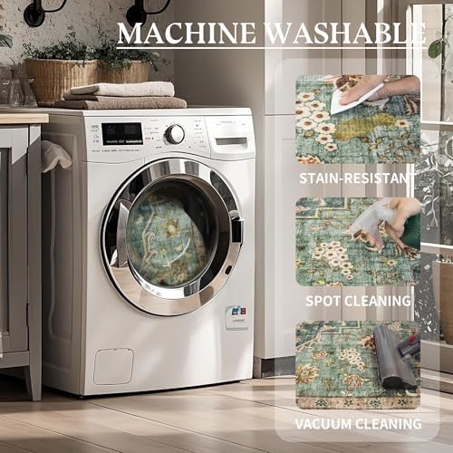 Washable 10x14 Rug Living Room: Non-Slip for Dog Cat Household Forest Green