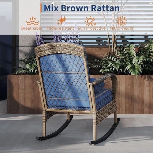 IDEALHOUSE Outdoor Wicker Rocking Chair, Patio Rattan Rocker Chair with Cushi...