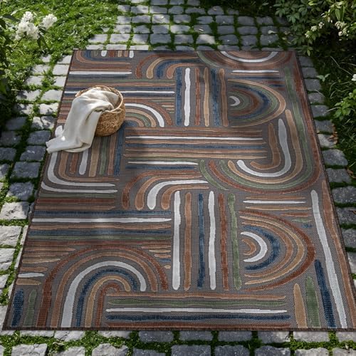 CAMILSON Indoor Outdoor Rug, Brown 8x10 Geometric Arch Striped Area Rugs for ...