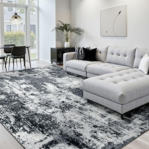 RELEANY Washable 9'x12' Abstract Area Rug for Living Room Black White