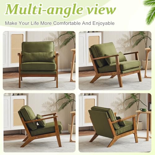 VINGLI Solid Wood Wide Armrests Accent Chair,Upholstered Mid Century Modern C...