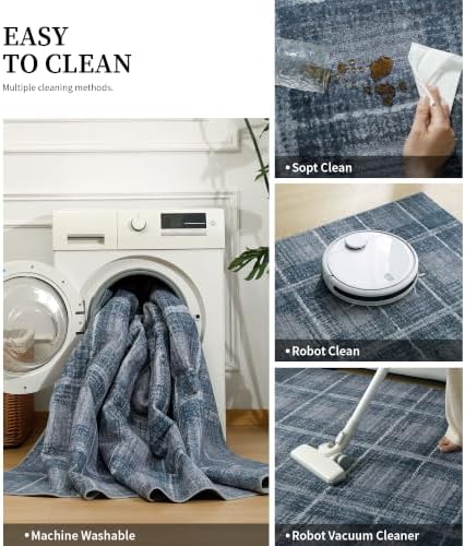 YIHOUSE 9x12 Blue Grey Distressed Plaid Area Rug for Living Room