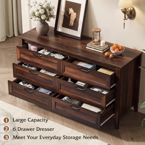 WLIVE 54" Dresser for Bedroom, Wooden 6 Drawer Dresser with Unique Anti-...