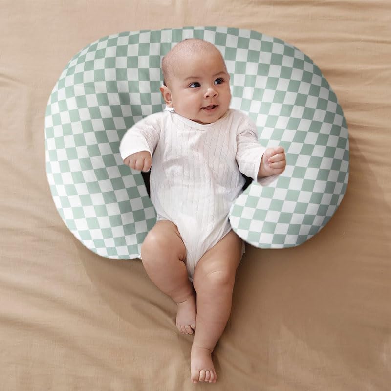 Little Jump Nursing Pillow Cover, Coffee & Green Checkered, 2 Pack | Stretchy and Soft, For Breastfeeding Pillows, Comfortable Slipcover, For Baby Boy and Girls