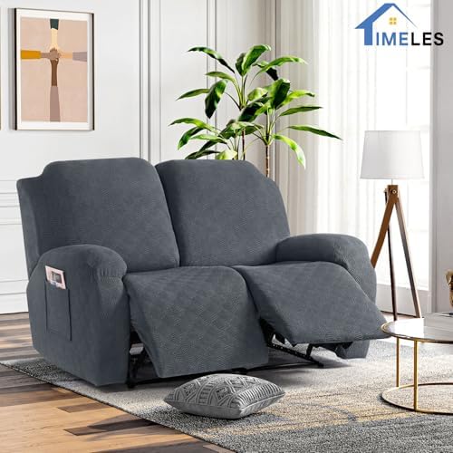 Timeles Loveseat Covers Washable, Stretch Couch Slipcovers, Gray | 2 Seater 4-Pieces Jacquard Soft Recliner Sofa Covers Furniture Protector with Pocket for Pets Kids