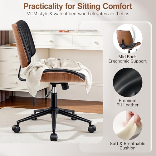Ergonomic Armless Office Desk Chair - Mid-Century Modern Black Faux Leather w...