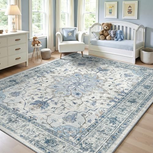 RELEANY Washable Area Rug, 5'x7', Blue/White/Gray