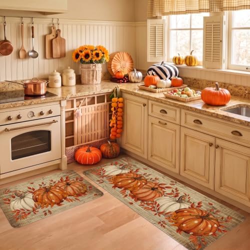 Fall Kitchen Mats Decor, Autumn Pumpkin with Brown Wood Grain Fall Kitchen Rugs Set of 2 Indoor Non Slip Washable Floor Mat Runner Rug Home Decorations
