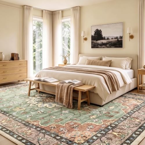 10x10 Washable Area Rug, Large Vintage Distressed Medallion Rugs