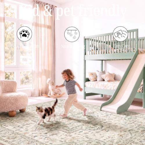 ALAISE Area Rug 8x10 Ivory/Sage – Washable Vintage Boho, Ultra-Soft