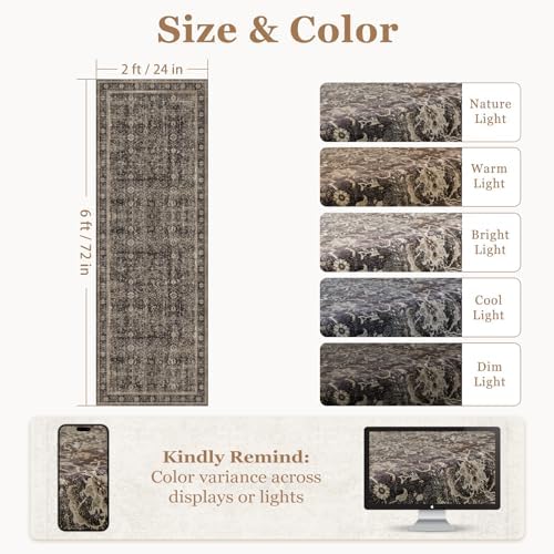Washable Hallway Runner Rug 2'x6', Vintage MCM, Black/Brown/Beige