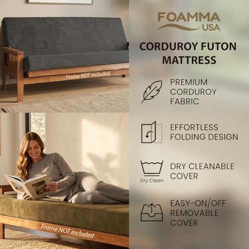 FoammaUSA Premium Corduroy Futon Couch Mattress – Made in USA 6-Inch Memory F...