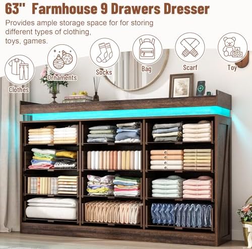 71" Wide 46" Tall Large Farmhouse 12 Drawers Dresser for Bedroom wi...