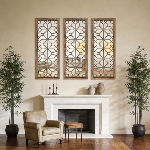 Set of 2 16x41.5 Inch Large Carved Floral Wood Frame Wall Mirrors, Shatterpro...
