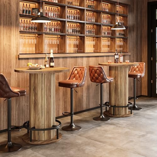 Tribesigns Round Dining Table Set of 4, Bar Height Commercial Kitchen Table with Wood Strip Base and Footrest, for Dining Room, Restaurant, Cafe, Bakery, School, Apartment, Brown (Only Table)